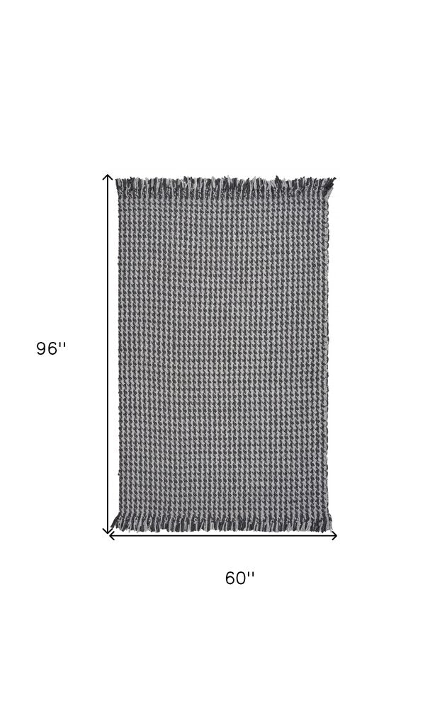5' X 8' Ivory And Gray Wool Houndstooth Hand Woven Area Rug With Fringe