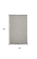5' X 8' Ivory And Gray Wool Houndstooth Hand Woven Area Rug With Fringe