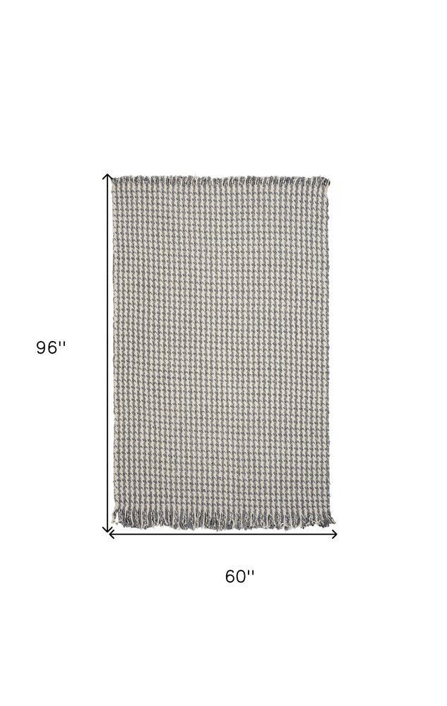 5' X 8' Ivory And Gray Wool Houndstooth Hand Woven Area Rug With Fringe