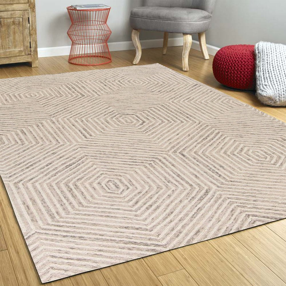 5' X 7' Sand And Beige Wool Geometric Hand Tufted Area Rug