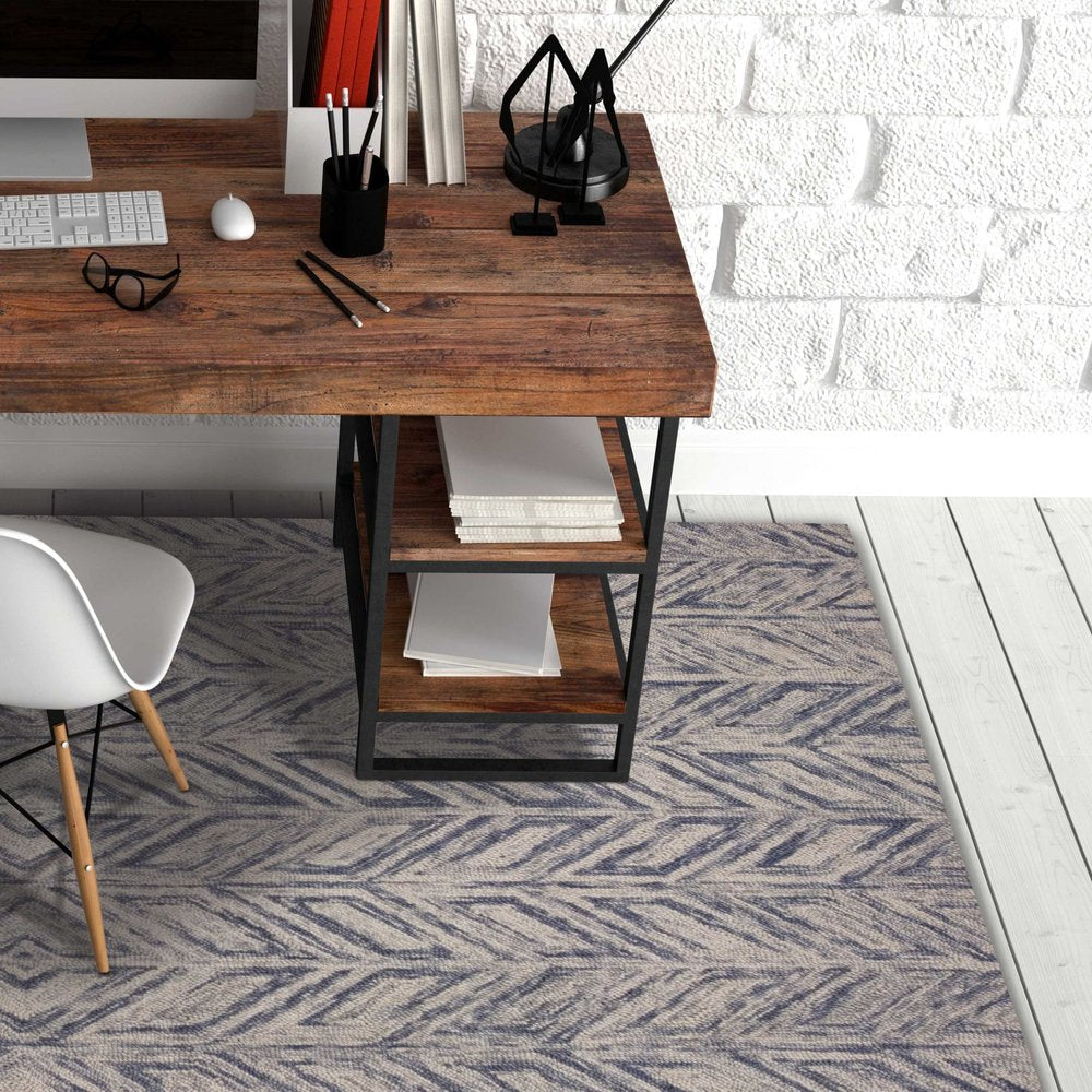 2' X 4' Blue And Beige Wool Chevron Hand Tufted Area Rug