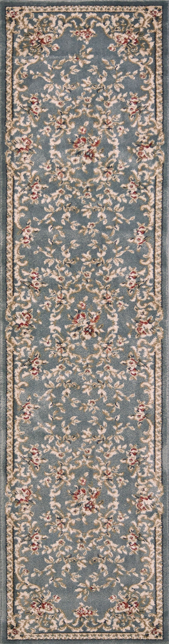 8' Slate Blue Red And Ivory Floral Medallion Runner Rug
