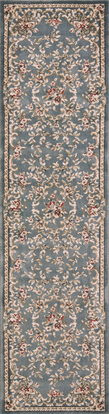 8' Slate Blue Red And Ivory Floral Medallion Runner Rug