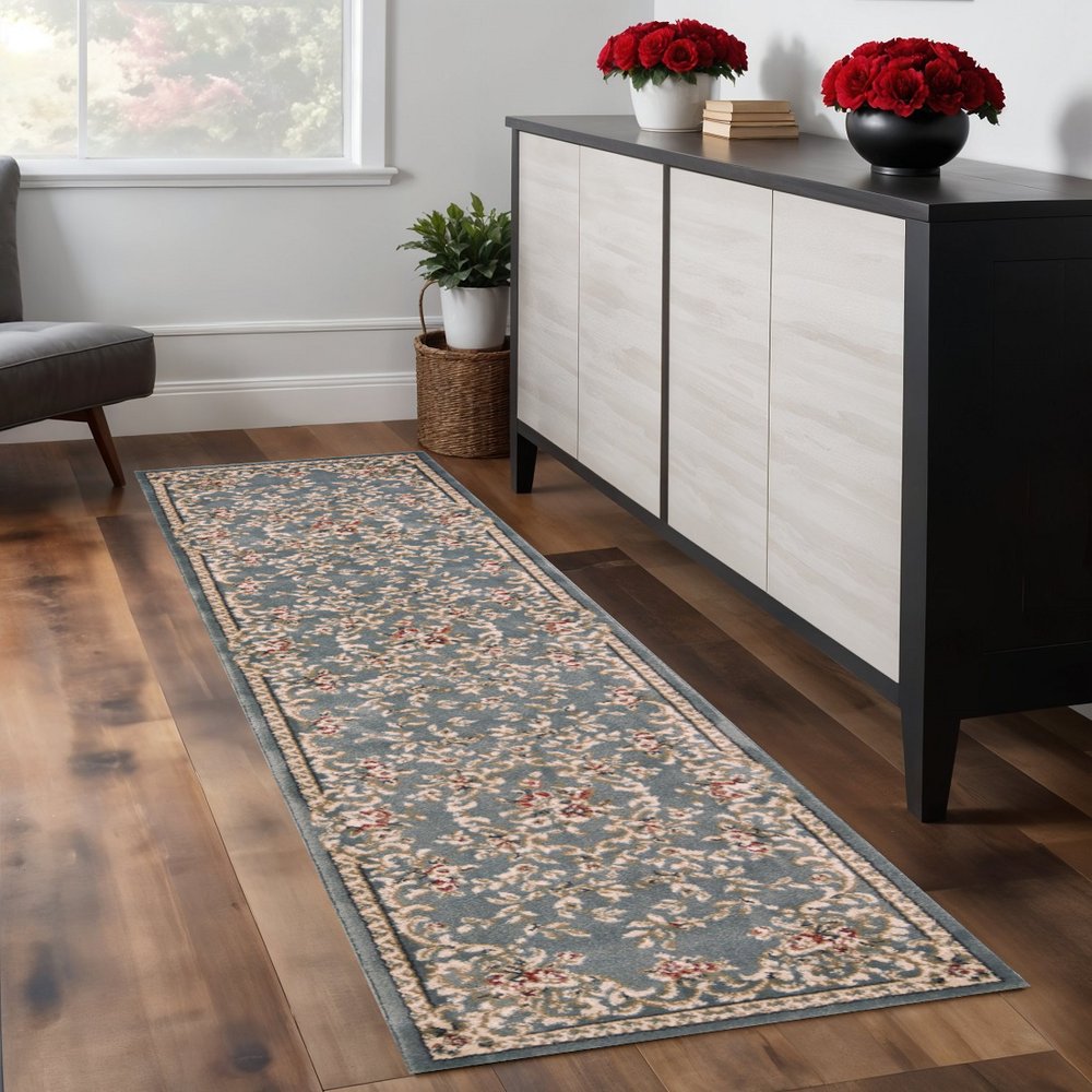 8' Slate Blue Red And Ivory Floral Medallion Runner Rug