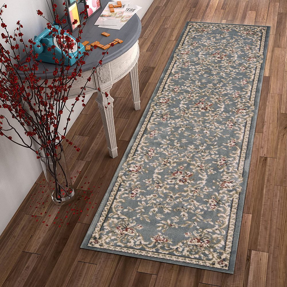 8' Slate Blue Red And Ivory Floral Medallion Runner Rug