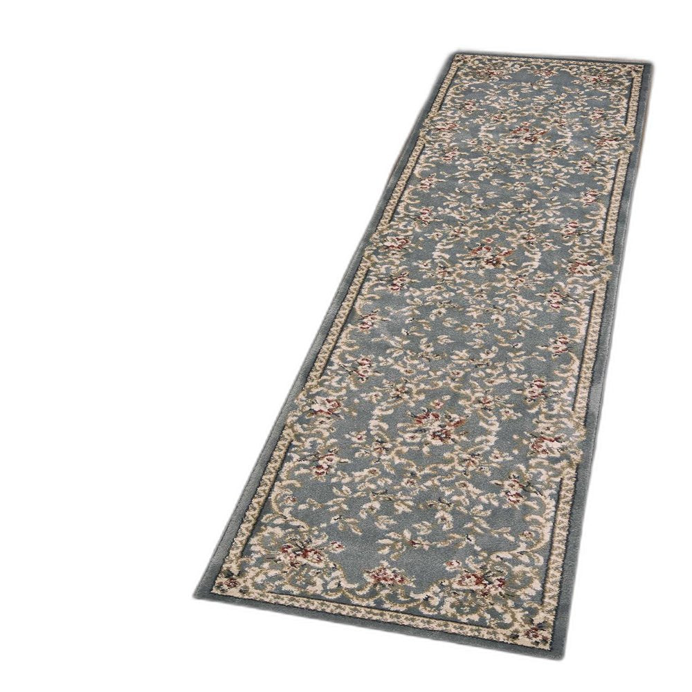 8' Slate Blue Red And Ivory Floral Medallion Runner Rug