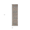 8' Slate Blue Red And Ivory Floral Medallion Runner Rug
