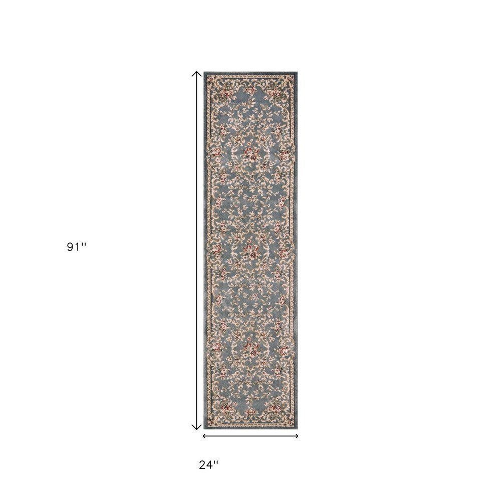 8' Slate Blue Red And Ivory Floral Medallion Runner Rug