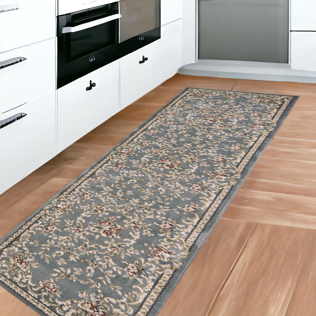 8' Slate Blue Bordered Floral Indoor Runner Rug