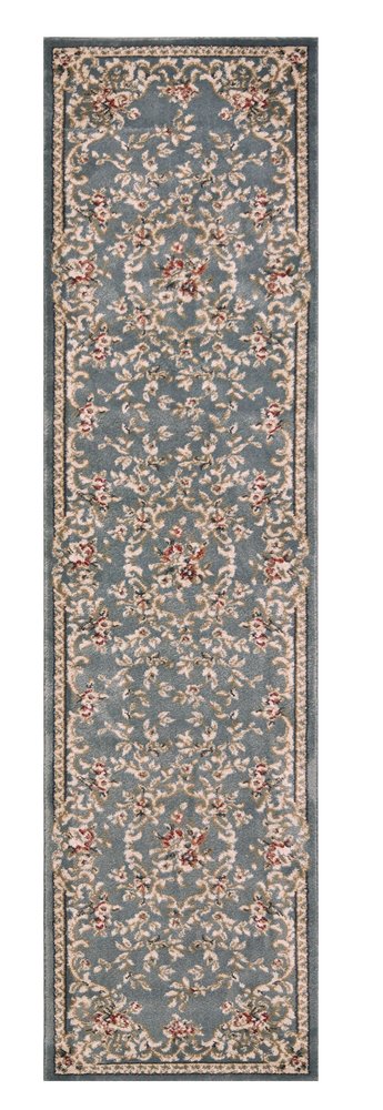 8' Slate Blue Red And Ivory Floral Medallion Runner Rug