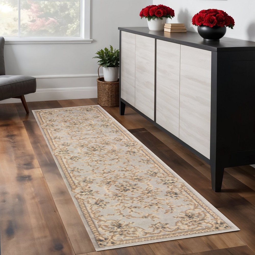 8' Light Gray Green And Tan Floral Medallion Runner Rug