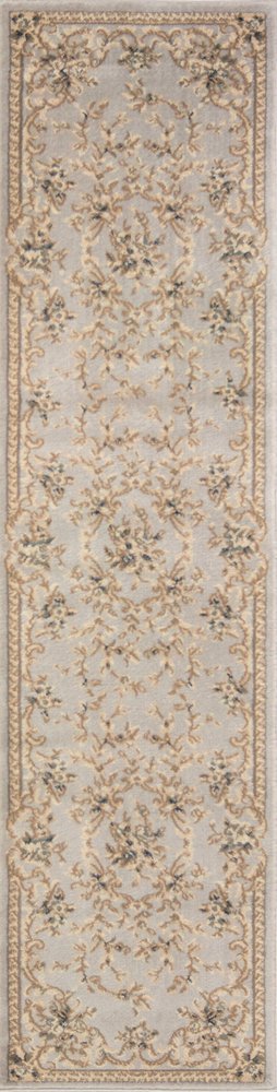8' Light Gray Green And Tan Floral Medallion Runner Rug