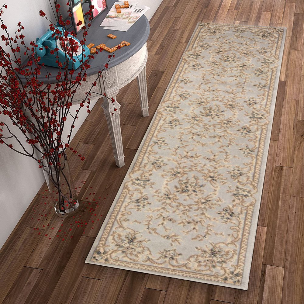 8' Light Gray Green And Tan Floral Medallion Runner Rug