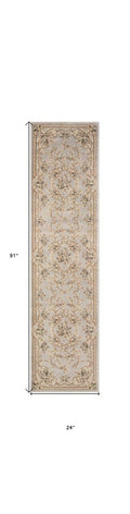 8' Light Gray Green And Tan Floral Medallion Runner Rug