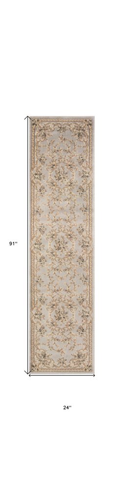 8' Light Gray Green And Tan Floral Medallion Runner Rug