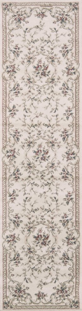 8' Ivory Red And Green Floral Medallion Runner Rug