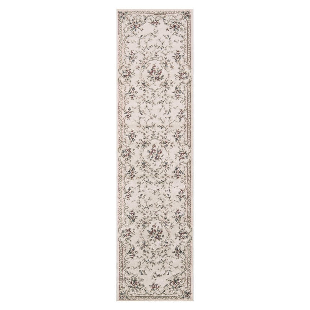 8' Ivory Red And Green Floral Medallion Runner Rug