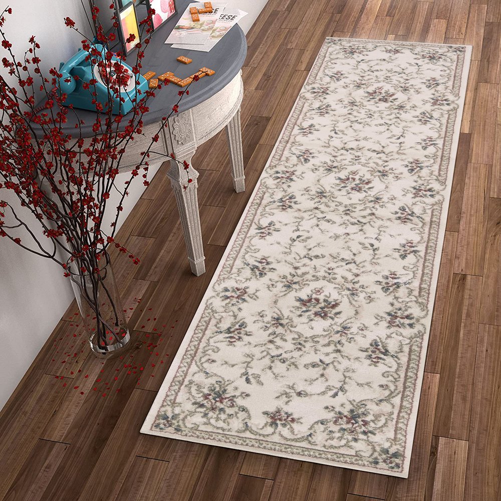 8' Ivory Red And Green Floral Medallion Runner Rug
