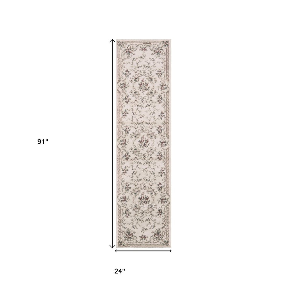 8' Ivory Red And Green Floral Medallion Runner Rug