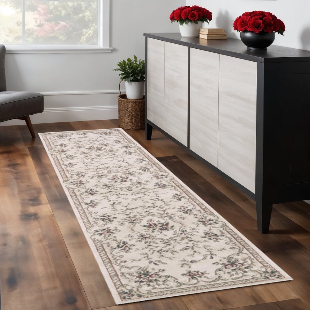 8' Ivory Red And Green Floral Medallion Runner Rug