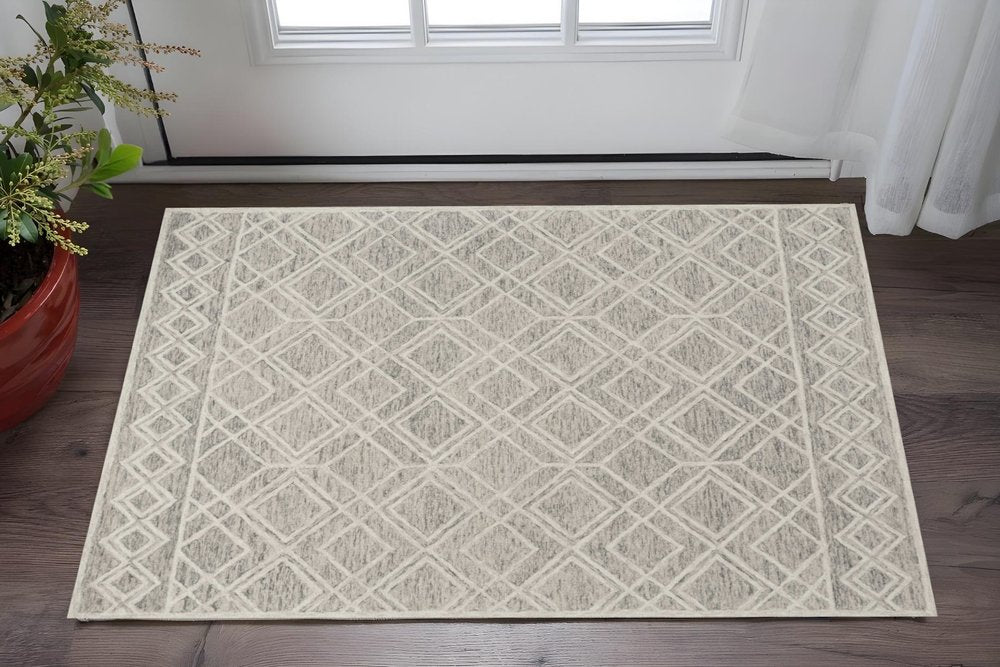 3' X 5' Sand Beige And Ivory Wool Geometric Hand Tufted Area Rug