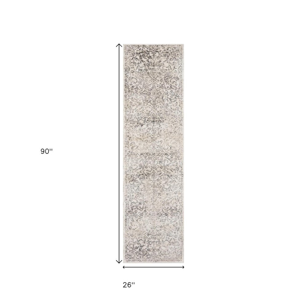 8' Ivory And Brown Floral Medallion Runner Rug