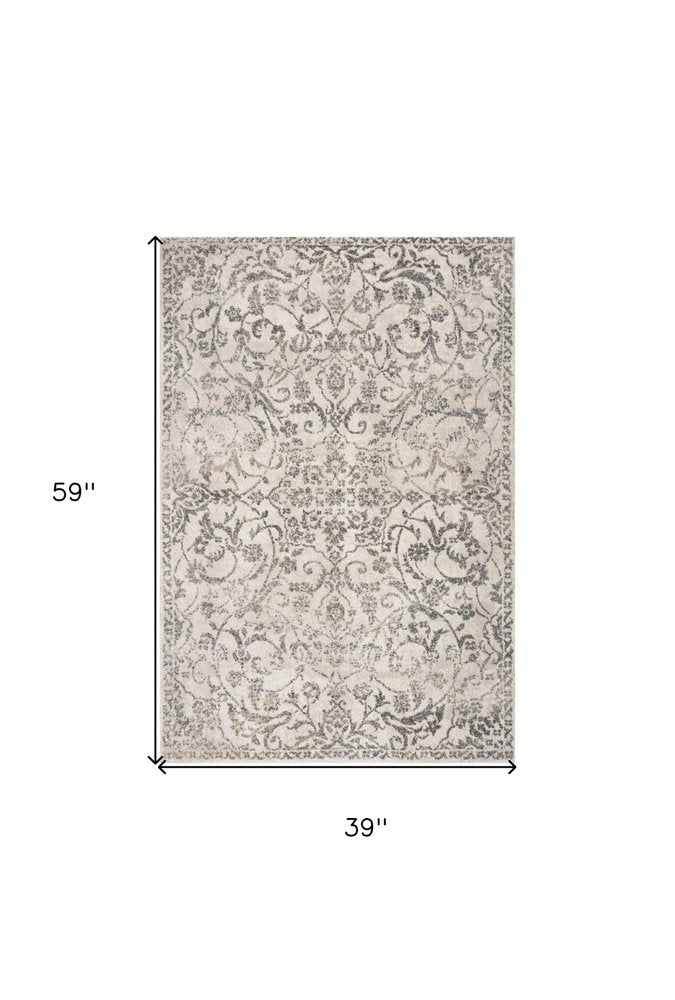 8' Ivory And Brown Floral Medallion Runner Rug