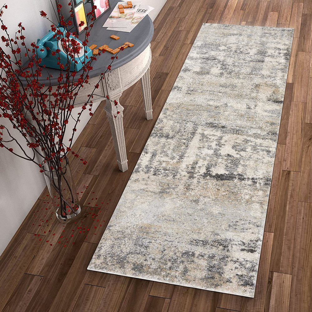 7' Gray And Tan Abstract Runner Rug