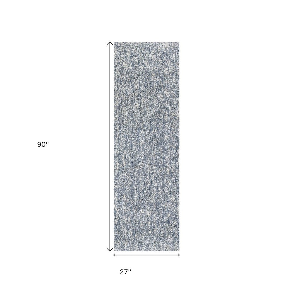 8' Slate Blue And Ivory Abstract Shag Hand Woven Runner Rug