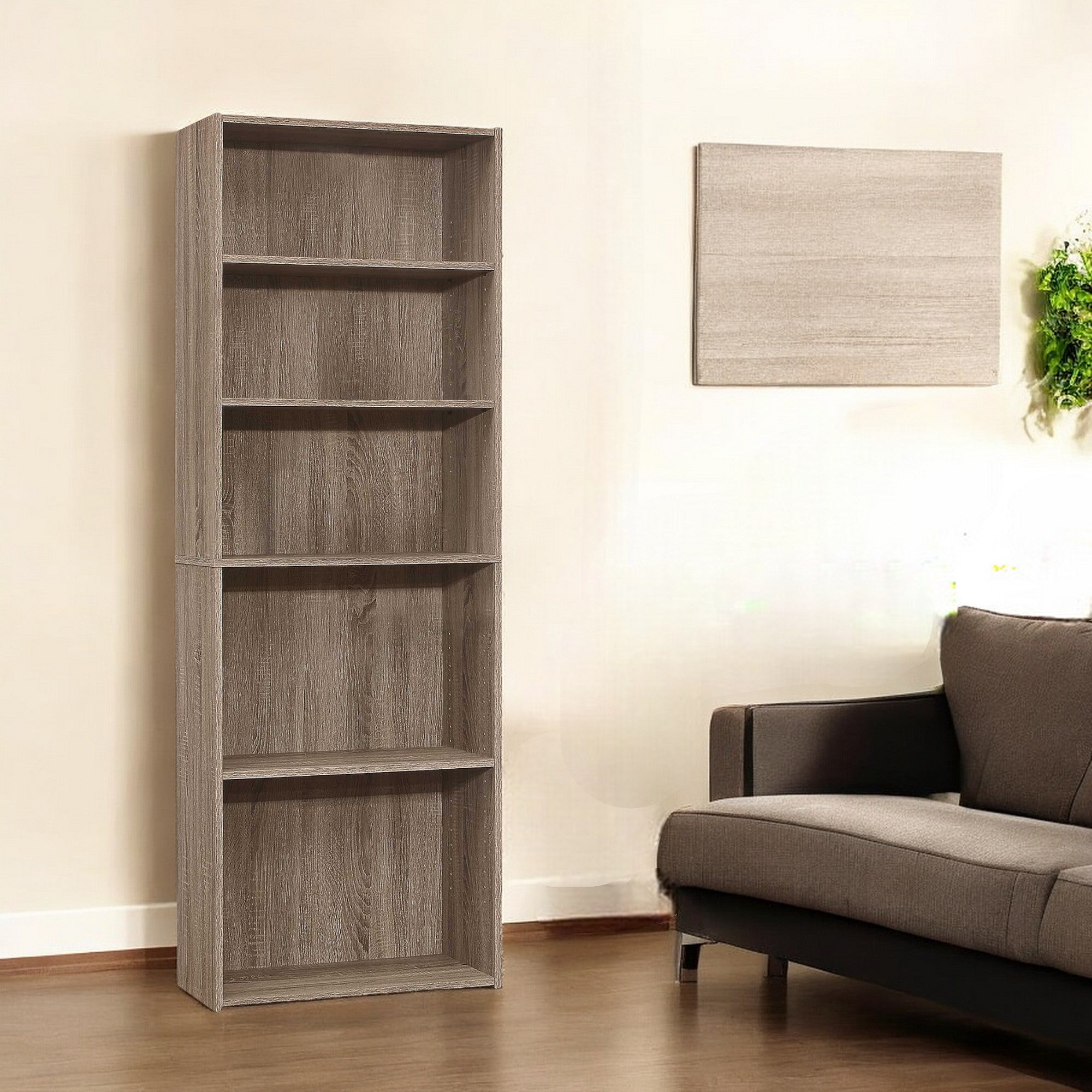 Taupe Wood Adjustable Five Tier Bookcase