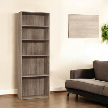 Taupe Wood Adjustable Five Tier Bookcase