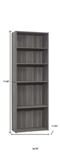 71" Gray Wood Adjustable Five Tier Bookcase