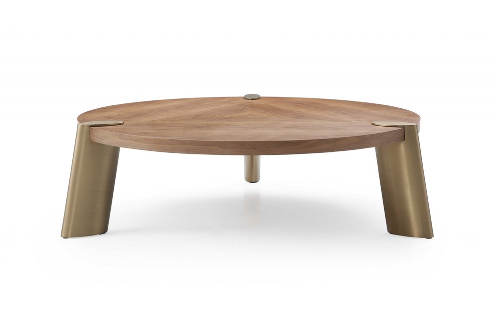 55" Brown and Gold Wood And Stainless Steel Round Coffee Table