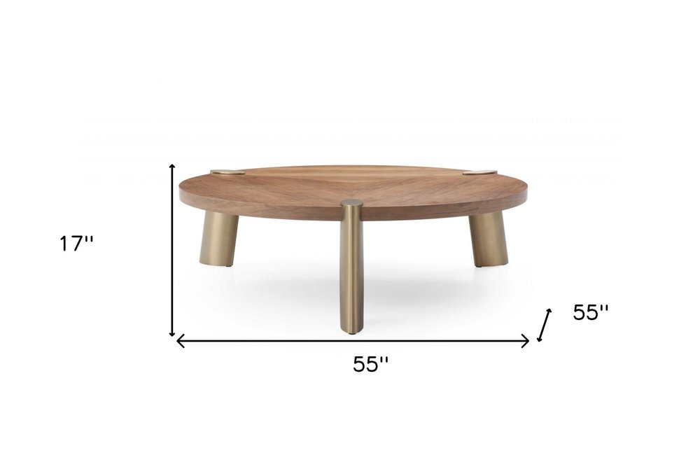 55" Brown and Gold Wood And Stainless Steel Round Coffee Table
