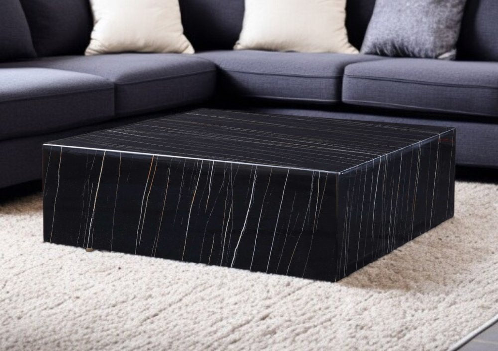 35" Black Genuine Marble And Brass Square Coffee Table