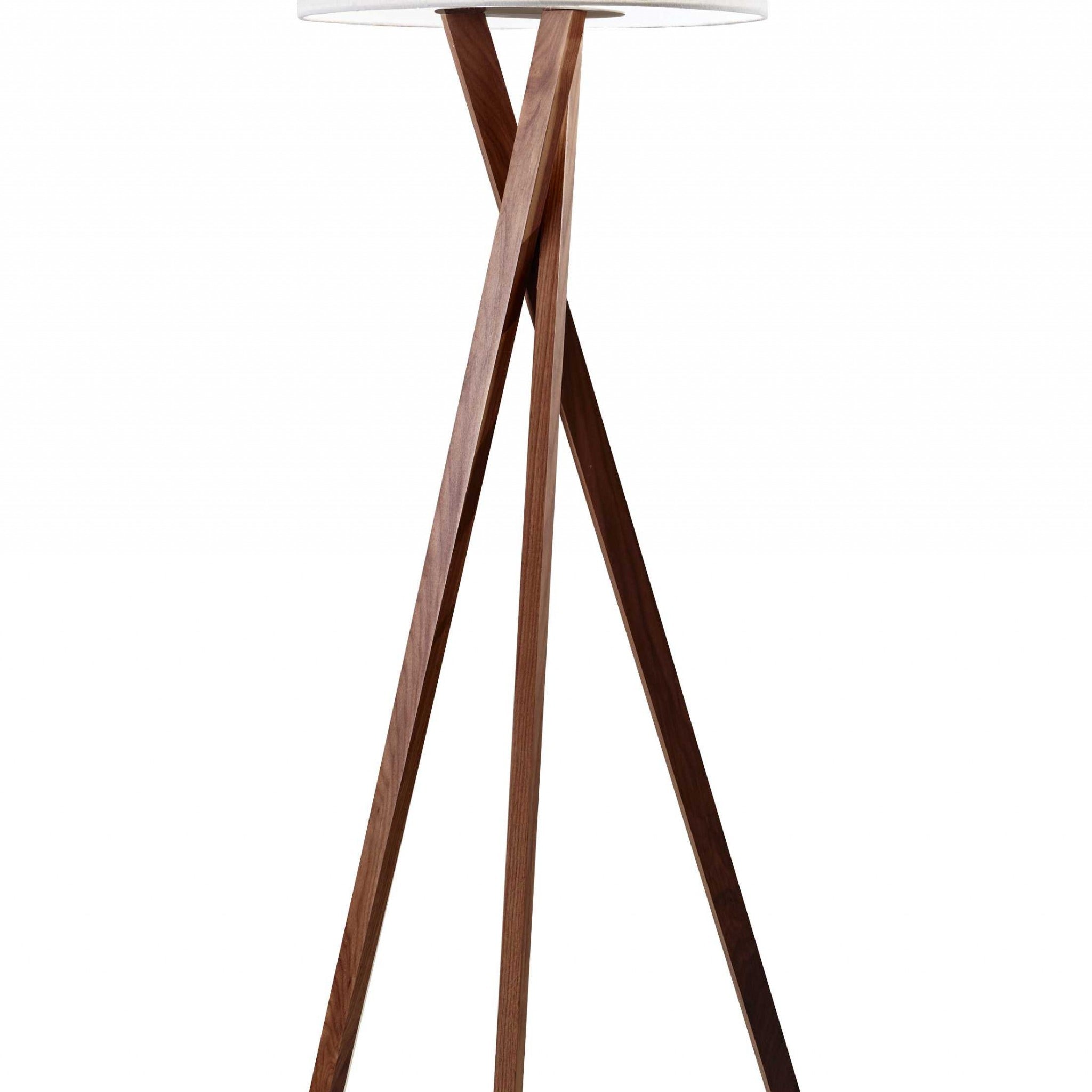 63" Solid Wood Tripod Floor Lamp With White Drum Shade