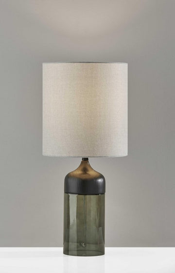 23" Black Wood And Smoked Glass Bedside Lamp With Gray Drum Shade