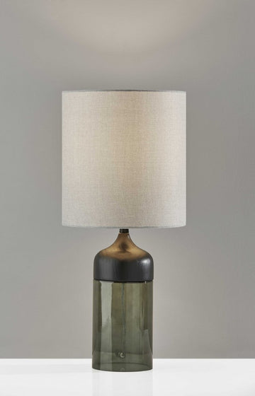 23" Black Wood And Smoked Glass Bedside Lamp With Gray Drum Shade
