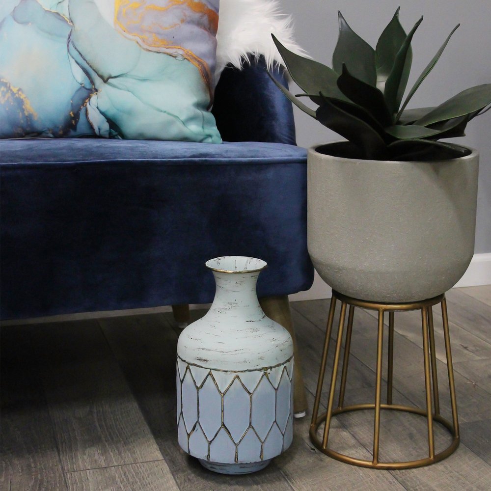 12" Blue And Gold Bud Metal Table Vase
