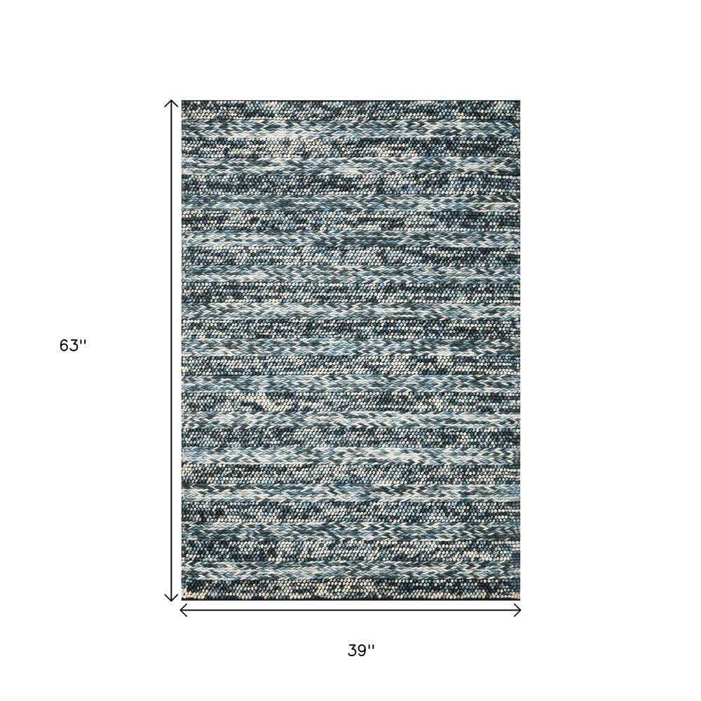 3' X 5' Ivory Blue And Gray Wool Striped Hand Woven Area Rug