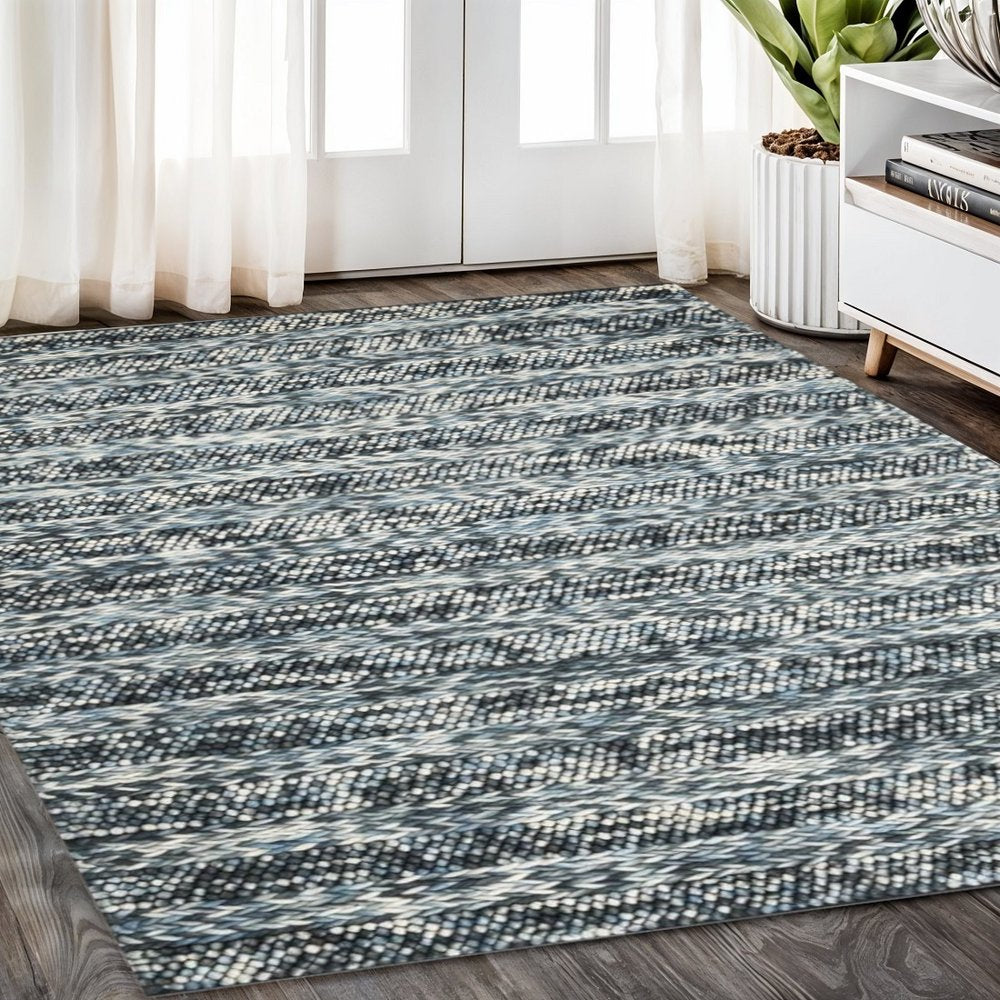 5' X 7' Ivory Blue And Gray Wool Striped Hand Woven Area Rug