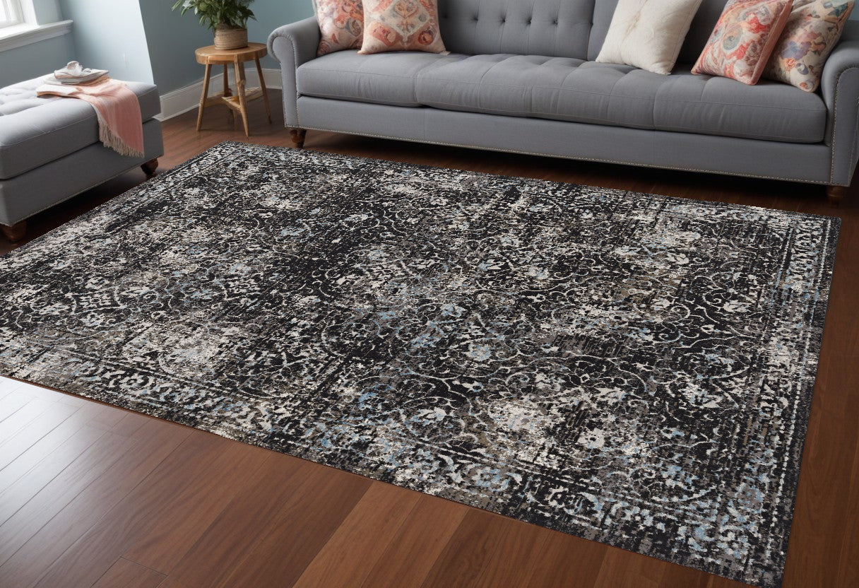 10' X 13' Black Damask Area Rug