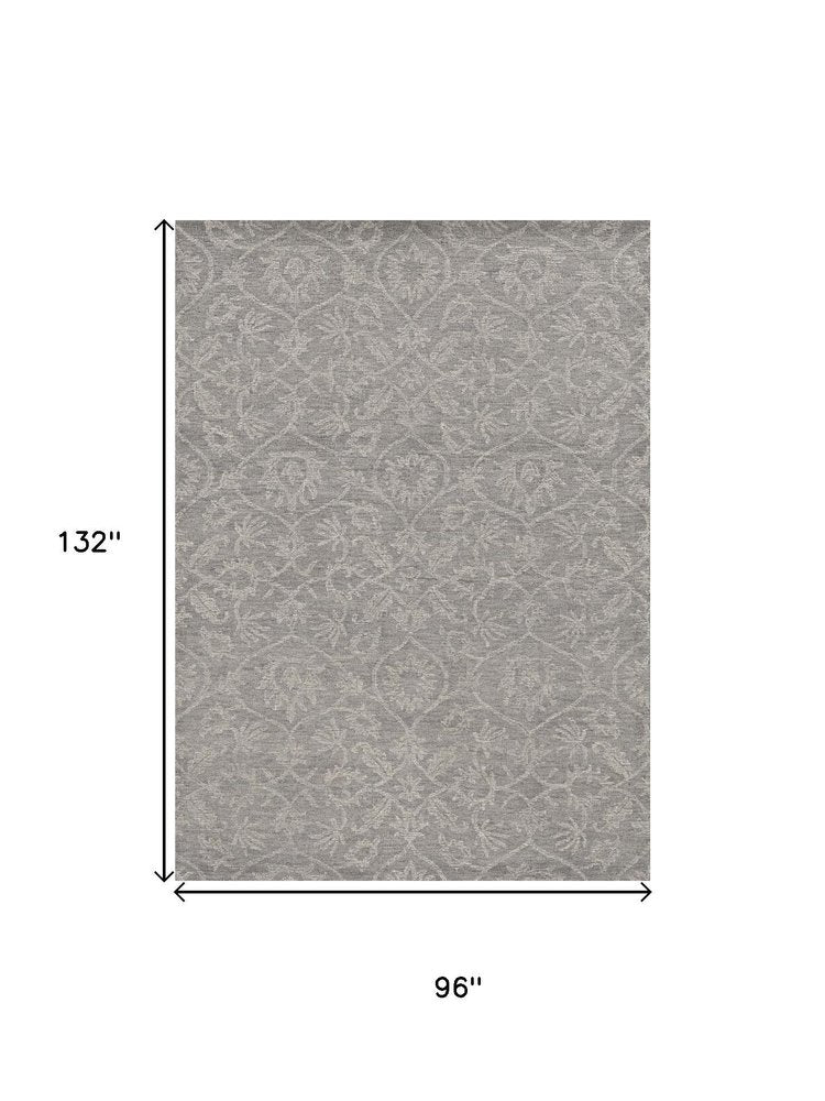 8' X 11' Gray And Light Gray Wool Floral Medallion Hand Tufted Area Rug