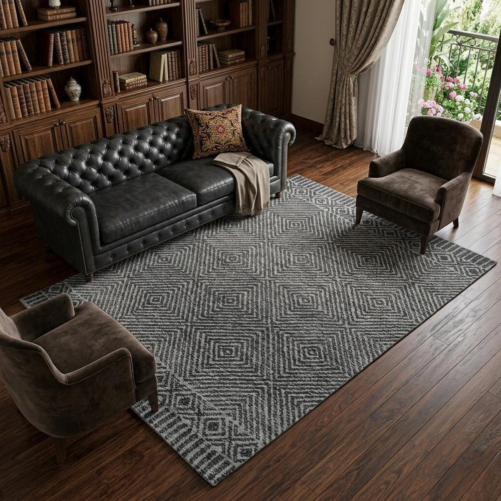 9' X 13' Gray And Black Wool Geometric Hand Tufted Area Rug
