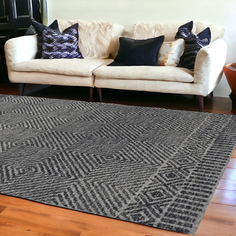 9' X 13' Gray And Black Wool Geometric Hand Tufted Area Rug