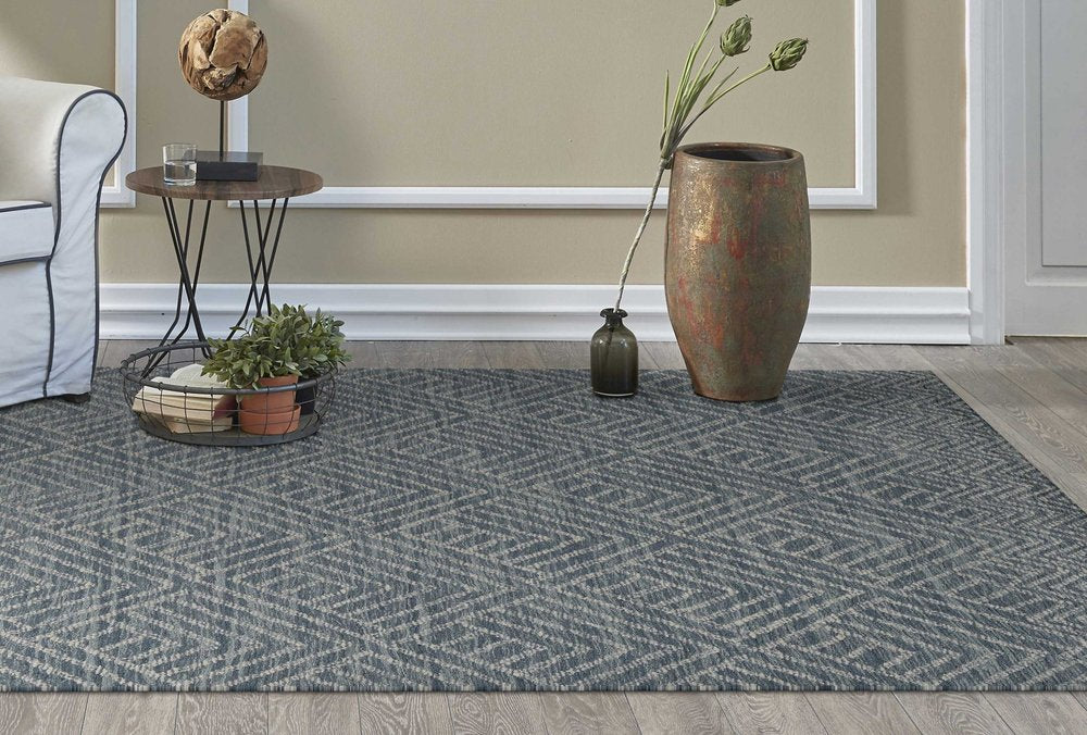 8' Denim Blue And Gray Wool Geometric Hand Tufted Runner Rug