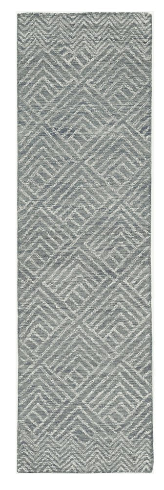 8' Denim Blue And Gray Wool Geometric Hand Tufted Runner Rug