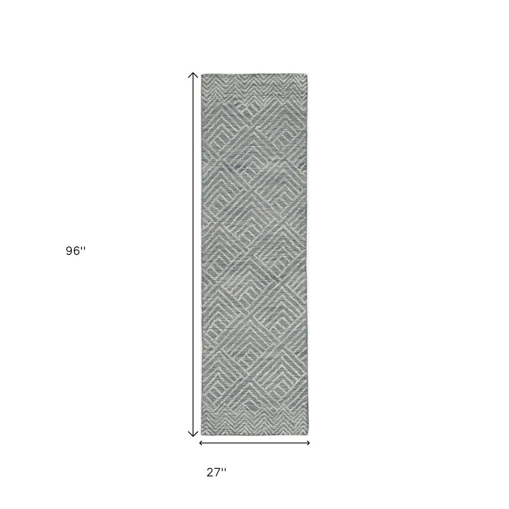 8' Denim Blue And Gray Wool Geometric Hand Tufted Runner Rug