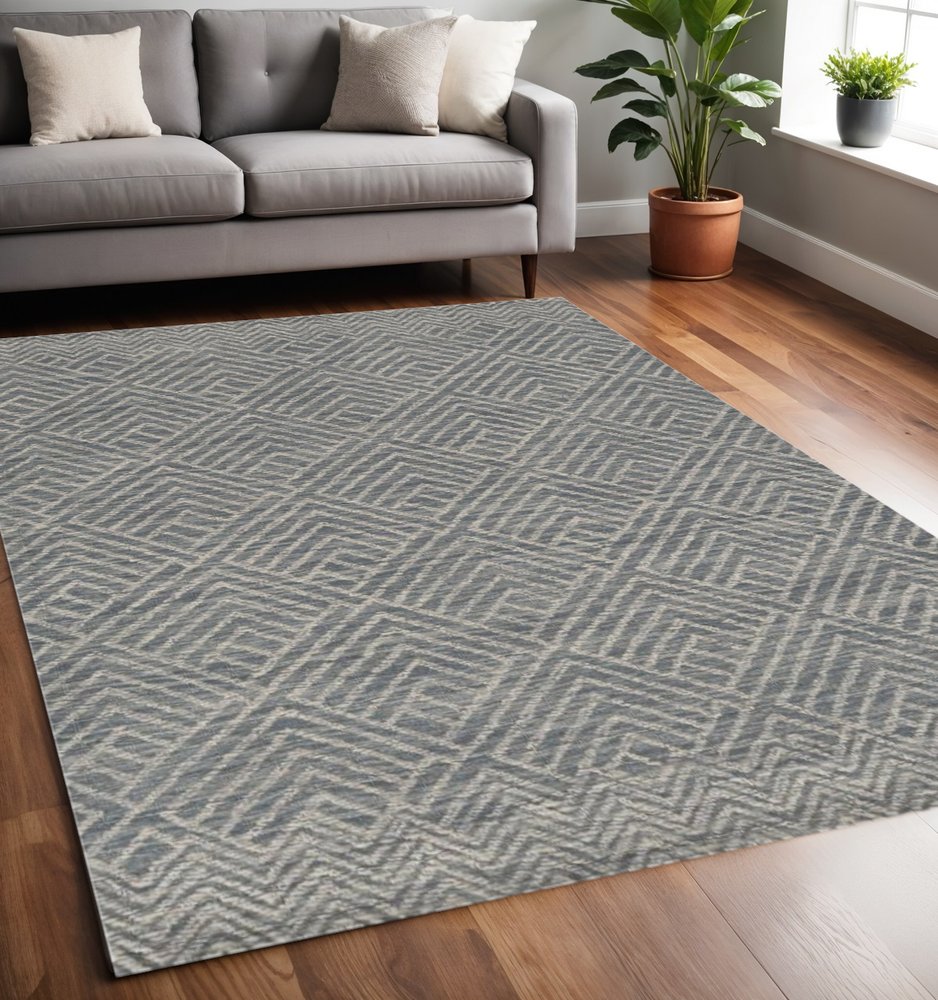 7' X 10' Denim Blue And Gray Wool Geometric Hand Tufted Area Rug
