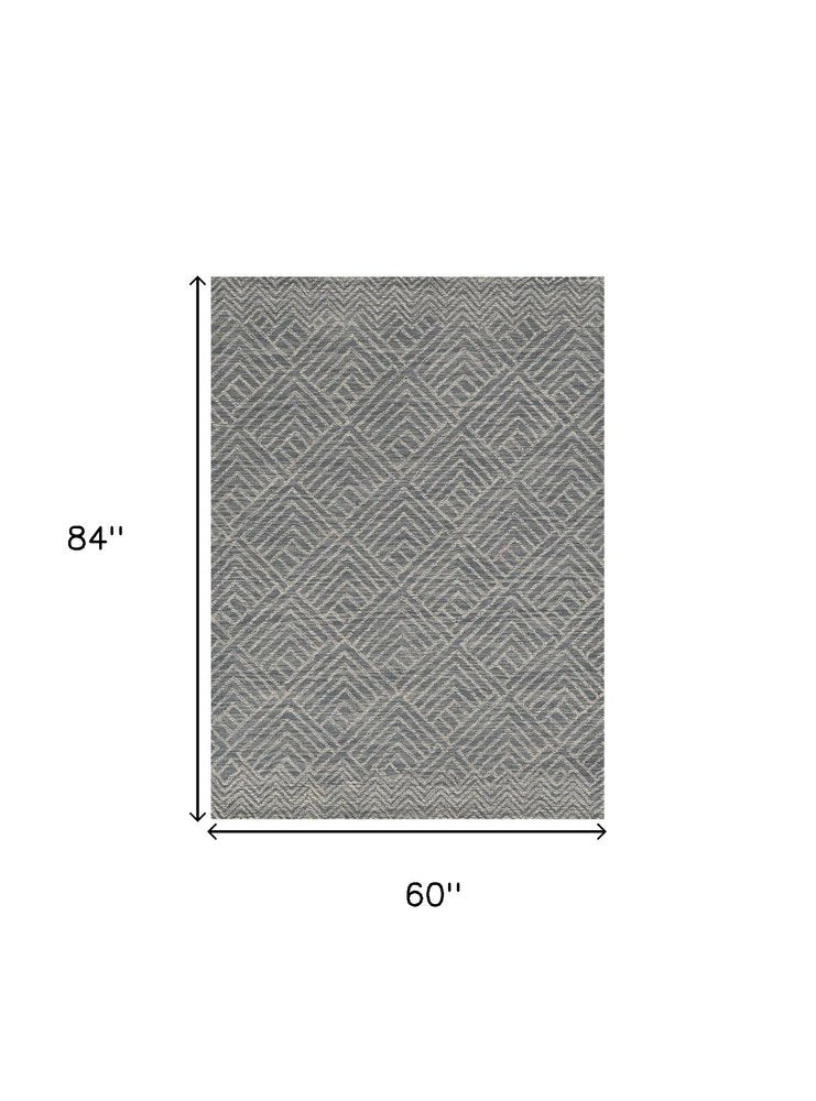 7' X 10' Denim Blue And Gray Wool Geometric Hand Tufted Area Rug